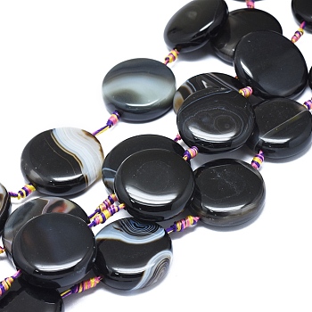 Natural Banded Agate/Striped Agate Beads Strands, Dyed & Heated, Flat Round, Black, 33~35x11~13mm, Hole: 1.8mm, about 8pcs/Strand, 14.76 inch(37.5cm)