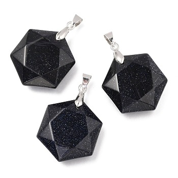 Faceted Synthetic Blue Goldstone Pendants, with Platinum Tone Brass Findings, Hexagon, 28x25x9mm, Hole: 4x5mm