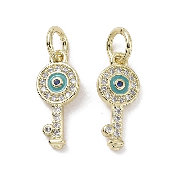 Real 18K Gold Plated Brass Micro Pave Cubic Zirconia Pendants, with Enamel and Jump Ring, Key Charms, Turquoise, 17.5x7x2mm, Hole: 3.4mm