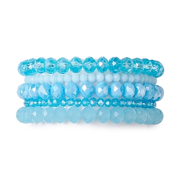 5Pcs 5 Styles Faceted Round Glass Beaded Stretch Bracelet Sets, Stackable Bracelets for Women Men, Deep Sky Blue, 2~2-1/8 inch(4.95~5.25cm), 1pc/style