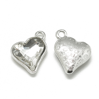 Alloy Glass Pendants, Faceted, Heart, Platinum, Clear, 17x15x5mm, Hole: 1.5mm