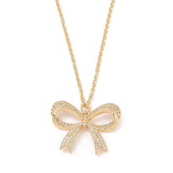 Brass Micro Pave Clear Cubic Zirconia Bowknot Pendant Necklaces for Women, Golden, 18.07 inch(45.9+5.2cm)