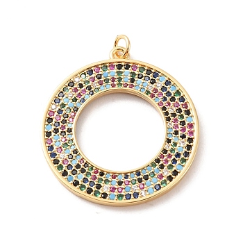 Rack Plating Brass Micro Pave Colorful Cubic Zirconia Pendants, Long-Lasting Plated, Cadmium Free & Lead Free, Round Ring, Real 18K Gold Plated, 33x30x2mm, Hole: 3mm