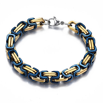 Ion Plating(IP) Two Tone 201 Stainless Steel Byzantine Chain Bracelet for Men Women, Real 18K Gold Plated, Dark Blue, 8-1/2 inch(21.5cm)