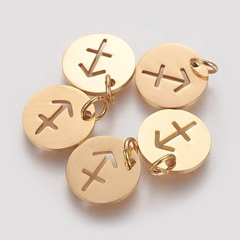 304 Stainless Steel Pendants, with Jump Ring, Laser Cut, Flat Round with Constellation/Zodiac Sign, Golden, Sagittarius, 12x1mm, Hole: 3mm