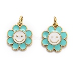 Brass Enamel Charms, Cadmium Free & Lead Free, Real 18K Gold Plated, Long-Lasting Plated, Flower, Medium Turquoise, 14.5x13x1.5mm, Hole: 3mm(X-KK-O135-01E)