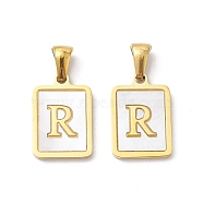 Ion Plating(IP) 304 Stainless Steel Pave Shell Pendants, Rectangle Charm, Real 18K Gold Plated, Letter R, 17.5x12x1.5mm, Hole: 3x5mm(STAS-G327-01G-R)