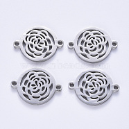 Tarnish Resistant 201 Stainless Steel Links Connectors, Laser Cut, Flat Round with Rose Flower, Stainless Steel Color, 15x20x1.5mm, Hole: 1.6mm(STAS-S114-21)