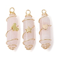 3Pcs 3 Styles Natural Rose Quartz Copper Wire Wrapped Pointed Pendants, Faceted Bullet Charms with Golden Tone Brass Heart & Star & Butterfly Beads, 34.5~37x10.5x12mm, Hole: 2.7mm, 1pc/style(PALLOY-JF02460-01)