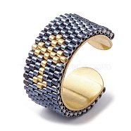 304 Stainless Steel Open Cuff Ring with Glass Seed Beaded, Cross, US Size 6 3/4(17.1mm)(RJEW-MZ00014-01)