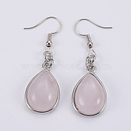 Natural Rose Quartz Dangle Earrings, with Brass Findings, teardrop, 50mm, Pin: 0.7mm(EJEW-F133-02G)