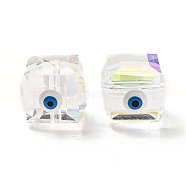 Transparent Glass Beads, with Enamel, Faceted, Cube with Evil Eye Pattern, White, 10~11x9x10mm, Hole: 1.6mm(GLAA-F121-15I)