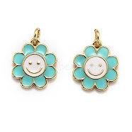 Brass Enamel Charms, Real 18K Gold Plated, Long-Lasting Plated, Flower, Medium Turquoise, 14.5x13x1.5mm, Hole: 3mm(X-KK-O135-01E)