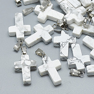 Natural Howlite Pendants, with Stainless Steel Snap On Bails, Cross, 29~30x18~19x5~6mm, Hole: 6x4mm(X-G-T080-16)