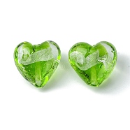Handmade Silver Foil Glass Beads, Heart, Lime Green, 20x21x12.5mm, Hole: 1.8mm(FOIL-B001-05E)