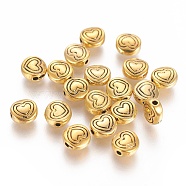 Tibetan Style Alloy Beads, Flat Round with Heart, Antique Golden, Lead Free & Cadmium Free & Nickel Free, 6x6x3mm, Hole: 1.5mm(GLF10713Y-NF)