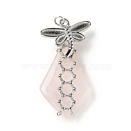 Natural Rose Quartz Pendants,  Teardrop Charm, with Stainless Steel Color Plated 304 Stainless Steel Dragonfly Findings and Jump Ring, 35~40x18~20x7~9mm, Jump Ring: 4x0.6mm, Inner diameter: 2.8mm(G-C246-04P)