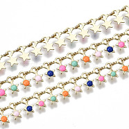 Brass Link Chains, with Enamel Star Charms, Long-Lasting Plated, Soldered, Colorful, Light Gold, 7x7x1.5mm(CHC-T012-13LG)