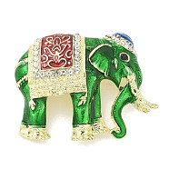 Elephant Enamel Pins, Alloy Rhinestone Brooches for Backpack Clothes, Green, 39x49.5mm(JEWB-R051-03LG-02)