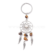 Alloy Keychain, with Grade A Natural Cultured Freshwater Pearl Beads, Natural Gemstone Beads and 304 Stainless Steel Split Key Rings, Woven Net/Web with Feather, 110mm(KEYC-JKC00308-04)