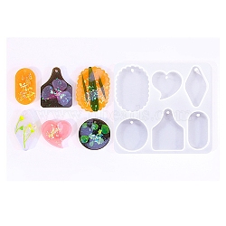 Silicone Mold Pendants, Epoxy Resin Craft Making, Irregularly Shaped Round Bone, Heart & Rhombus & Flat Round, White, 150x140mm, Hole: 3~3.5mm, Inner Diameter: 41~71x31~50mm(SIMO-S002-04A)