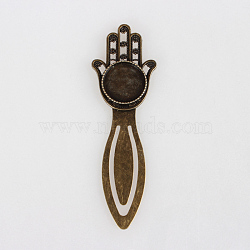 Antique Bronze Iron Bookmark Cabochon Settings, Hamsa Hand/Hand of Fatima/Hand of Miriam with Alloy Flat Round Tray, Cadmium Free & Nickel Free & Lead Free, Antique Bronze, 92x30x4mm, Tray: 18mm(PALLOY-N0084-12AB-NF)