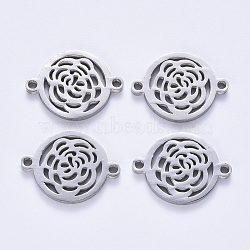 Tarnish Resistant 201 Stainless Steel Links Connectors, Laser Cut, Flat Round with Rose Flower, Stainless Steel Color, 15x20x1.5mm, Hole: 1.6mm(STAS-S114-21)