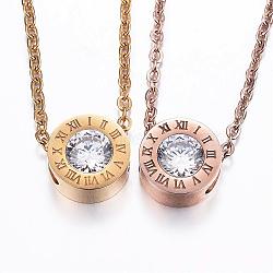 304 Stainless Steel Cubic Zirconia Pendant Necklaces, Flat Round, Mixed Color, 19.6 inch(50cm)(NJEW-P182-10)