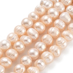 Natural Cultured Freshwater Pearl Beads Strands, Potato, Light Salmon, 7~8mm, Hole: 0.6mm, about 26pcs/strand, 6.69 inch(17cm)(PEAR-C003-01B)