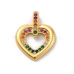 Brass Micro Pave Cubic Zirconia Pendants, Long-Lasting Plated, Lead Free & Cadmium Free, Gold, Heart, Colorful, 19x15.5x4mm, Hole: 1.5mm(KK-U033-19G-02)