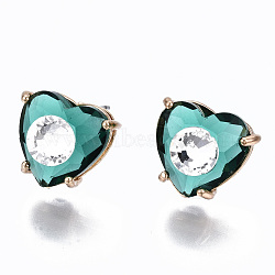 Brass Stud Earrings, with Glass and Steel Pins, Heart, Light Gold, Light Sea Green, 12x13mm, Pin: 0.6mm(GLAA-S193-038A-LG)