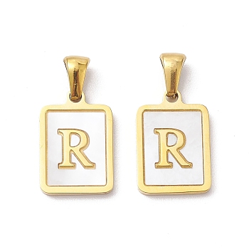 Ion Plating(IP) 304 Stainless Steel Pave Shell Pendants, Rectangle Charm, Real 18K Gold Plated, Letter R, 17.5x12x1.5mm, Hole: 3x5mm