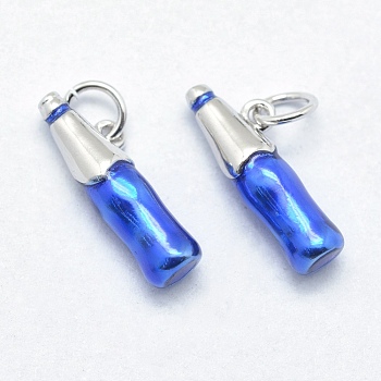 Brass Pendants, with Enamel, Cadmium Free & Nickel Free & Lead Free, Long-Lasting Plated, Bottle, Blue, Real Platinum Plated, 17x4.5mm, Hole: 3mm