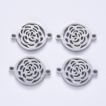 201 Stainless Steel Links Connectors, Laser Cut, Flat Round with Rose Flower, Stainless Steel Color, 15x20x1.5mm, Hole: 1.6mm