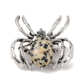 Natural Dalmatian Jasper Brooches, with Alloy Findings, Spider, Antique Silver, 37x34x8mm