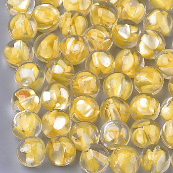 Transparent Acrylic Cabochons, with Shell, Round, Gold, 16x14mm, bottom: 9mm