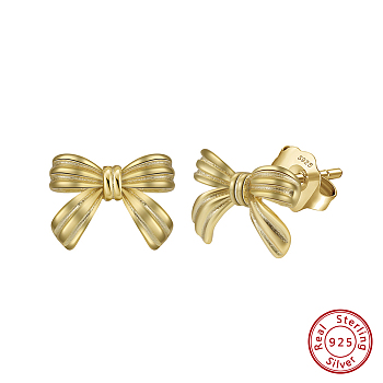 925 Sterling Silver Bowknot Stud Earrings, Real 14K Gold Plated, 7.5x9.5mm