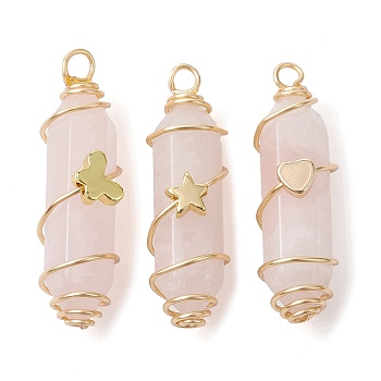 3Pcs 3 Styles Natural Rose Quartz Copper Wire Wrapped Pointed Pendants, Faceted Bullet Charms with Golden Tone Brass Heart & Star & Butterfly Beads, 34.5~37x10.5x12mm, Hole: 2.7mm, 1pc/style