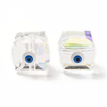 Transparent Glass Beads, with Enamel, Faceted, Cube with Evil Eye Pattern, White, 10~11x9x10mm, Hole: 1.6mm