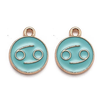 Alloy Enamel Pendants, Flat Round with Constellation/Zodiac Sign, Golden, Cancer, Light Sea Green, 15x12x2mm, Hole: 1.5mm