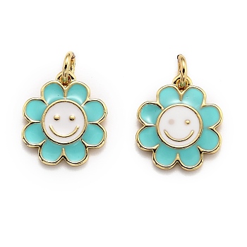 Brass Enamel Charms, Real 18K Gold Plated, Long-Lasting Plated, Flower, Medium Turquoise, 14.5x13x1.5mm, Hole: 3mm