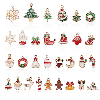 Alloy Pendants, with Enamel, Christmas Style Pendants, Light Gold, Mixed Color, 30pcs/set