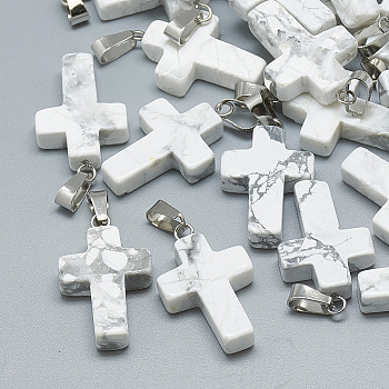 Natural Howlite Pendants, with Stainless Steel Snap On Bails, Cross, 29~30x18~19x5~6mm, Hole: 6x4mm
