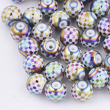 Electroplate Glass Beads, Plaid Beads, Round with Tartan Pattern, Colorful, 8~8.5mm, Hole: 1.5mm