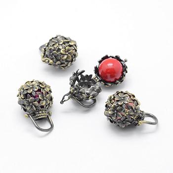 Rack Plating Brass Cage Pendants, Chime Ball Pendants, with Brass Bell Beads, Lead Free & Cadmium Free, Flower, Brushed Antique Bronze, 22x23x19mm, Hole: 8x10mm