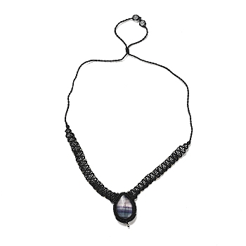 Natural Fluorite Teardrop Pendant Necklace, Braided Wax Strings Choker Necklaces, 29.29 inch(74.4cm)