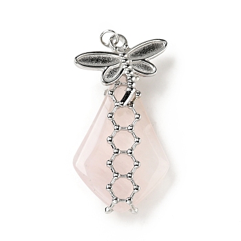 Natural Rose Quartz Pendants,  Teardrop Charm, with Stainless Steel Color Plated 304 Stainless Steel Dragonfly Findings and Jump Ring, 35~40x18~20x7~9mm, Jump Ring: 4x0.6mm, Inner diameter: 2.8mm