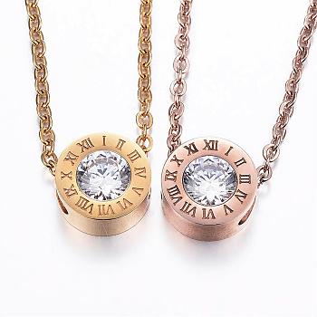 304 Stainless Steel Cubic Zirconia Pendant Necklaces, Flat Round, Mixed Color, 19.6 inch(50cm)