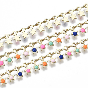 Brass Link Chains, with Enamel Star Charms, Long-Lasting Plated, Soldered, Colorful, Light Gold, 7x7x1.5mm