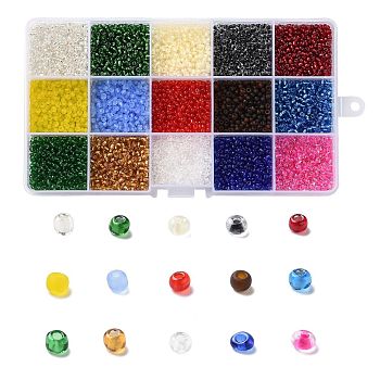 180G 15 Colors Glass Seed Beads, Transparent Colours, Round, Mixed Color, 8/0, 3~4x2~3mm, Hole: 0.8~1mm, 12g/color